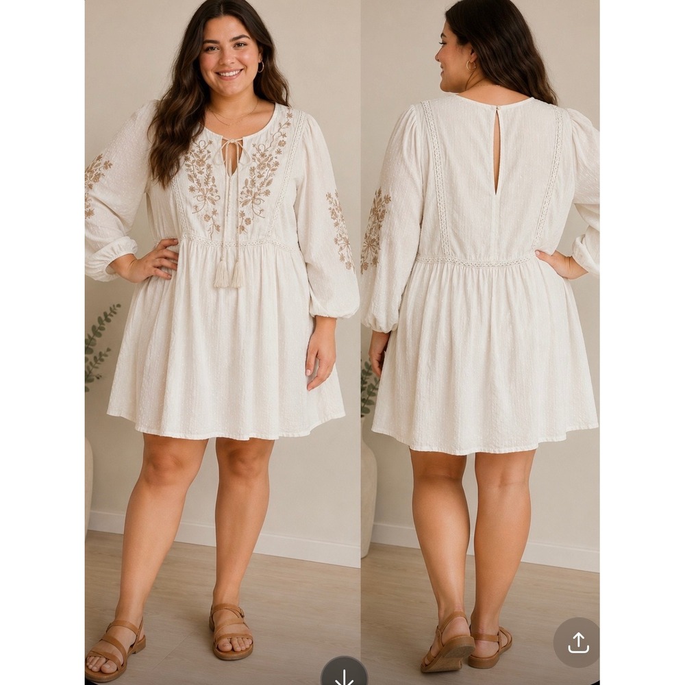 Black Tape White Embroidered Babydoll Mini Dress Plus Size 1X Boho Tassel‎ Tie
